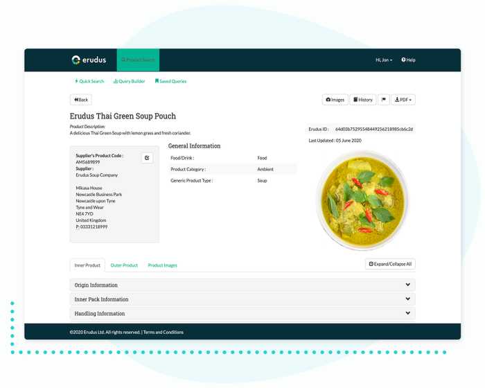 Screen shot of the Erudus dashboard showing product information.